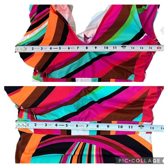 NEW Trina Turk Ruffle Flutter Sleeve Plunge One Piece Swimsuit Colorful Size 10 - Picture 8 of 9